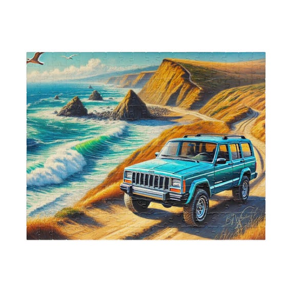 Coastal Cliff Drive, Ocean Blue Jeep Cherokee XJ, Pastel Artwork