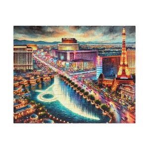 Op de afbeelding: Een kleurrijke legpuzzel die een levendig stadslandschap 's nachts afbeeldt. De puzzel toont verlichte gebouwen, een fontein en een replica van de Eiffeltoren. Het algemene thema is een nachtelijk uitzicht op Las Vegas.