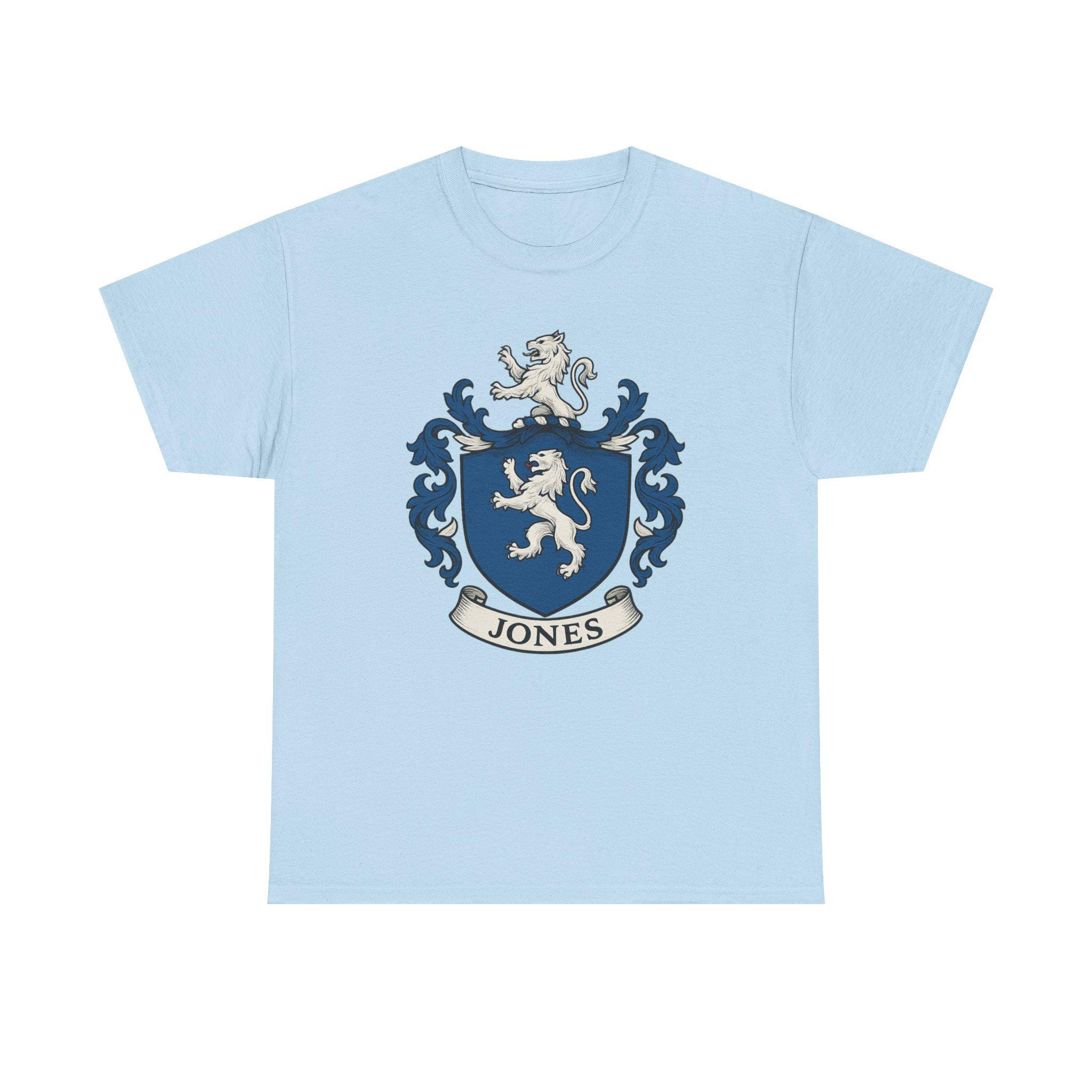 Jones Coat of Arms Family Crest T-shirt | Silver Lion Rampant on Azure ...