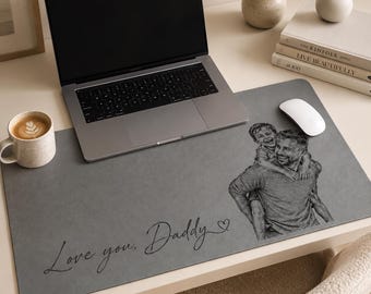 Custom Dad Photo Sketch Leather Desk Mat, Personalized Father's Day Gift, Photo Desk Pad