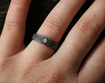 Sterling silver wedding ring - Valentine&#39;s day gifts - melting with cuttlefish bone - diamond ring - black oxidized silver - unisex ring