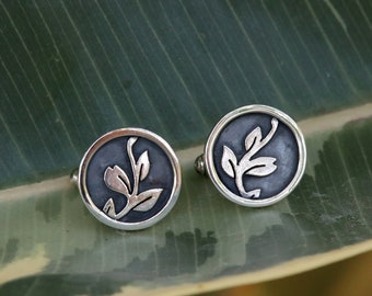 Floral cufflinks - handmade in oxidized sterling silver - wedding cufflinks with leaves