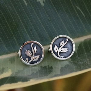 Floral cufflinks - handmade in oxidized sterling silver - wedding cufflinks with leaves