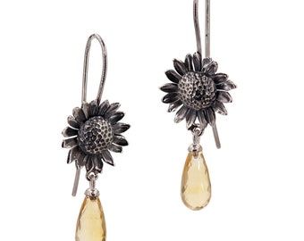 Sunflower Earrings with Citrine Pendants, in sterling Silver - Long Earrings with Three-Dimensional Flowers