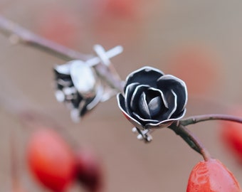 Rose sterling silver earrings,black rose - handmade with security clasp - flower - gift idea - flower - woman - black oxidized - No Nickel