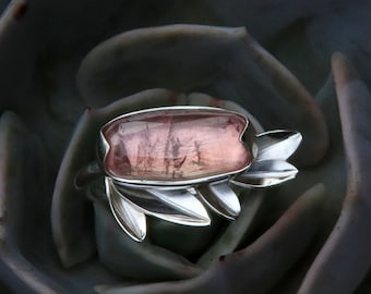 Floral sterling silver pink Tourmaline ring - maxi woman ring - precious stone ring - stone woman ring