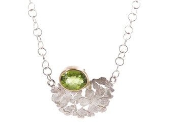 Cherry blossom necklace in silver, gold and peridot - cherry blossom set - coordinated necklace and earrings with peridots