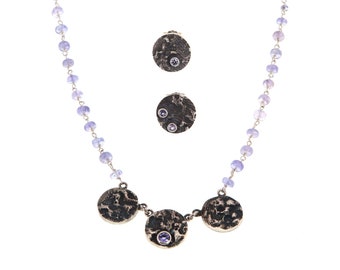 Jewelry set in silver and Tanzanites - necklace and earrings in black silver and tanzanites - fusion with cuttlefish bone
