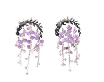 Wisteria inspired drop earrings with Amethysts in silver - floral earrings