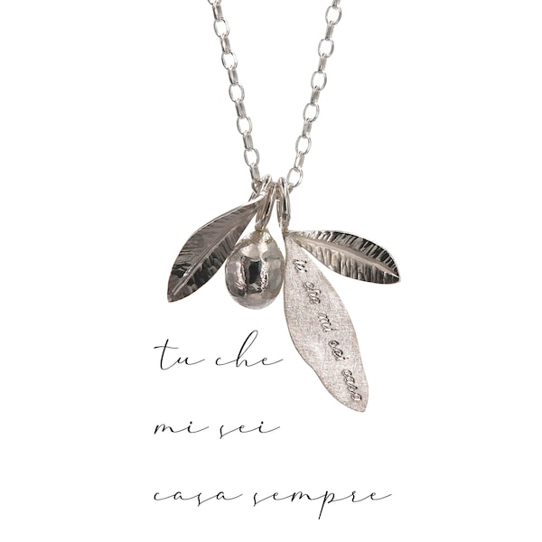 Olive tree pendant with poetry in sterling silver - pendant from the "Versiforme" line - pendant gift idea - leaves and olive pendant