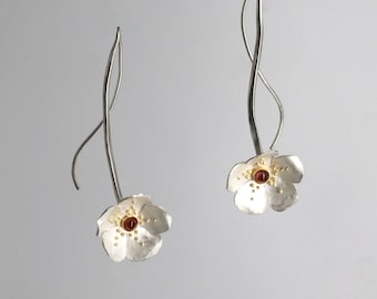 Cherry Blossom Dangle Earrings, in Sterling Silver, 18K Red Gold and Pink Tourmaline - Floral Earrings - Prunus Avium