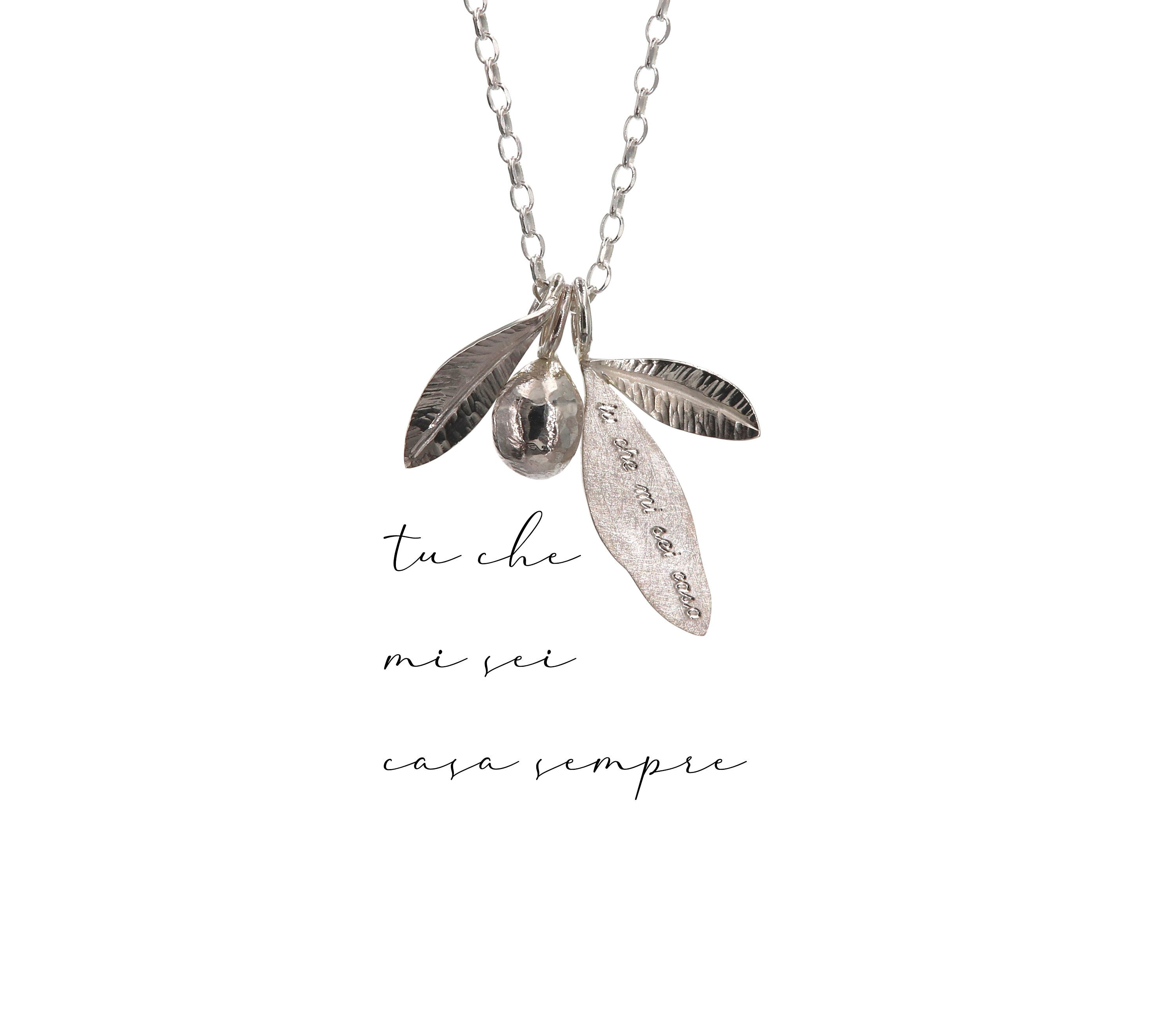 Olive tree pendant with poetry in sterling silver - pendant from the "Versiforme" line - pendant gift idea - leaves and olive pendant