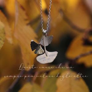 Ginkgo leaves pendant with Poetry in sterling silver - Versiform line - jewel for mom gift idea - Ginkgo Biloba