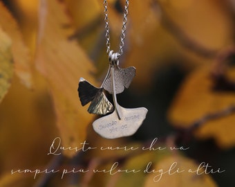 Ginkgo leaves pendant with Poetry in sterling silver - Versiform line - jewel for mom gift idea - Ginkgo Biloba