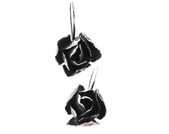 Rosebud earrings in oxidized 925 sterling silver - open hook floral earrings - small roses - minimal - no nickel