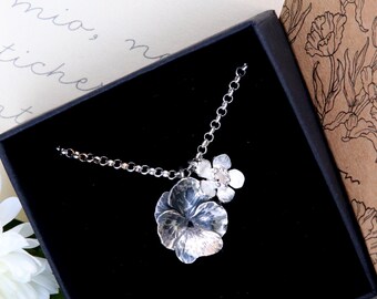 Pansy and Forget Me Nots Pendant in Silver - Florigraphy Pendant the Meaning of Flowers - Floral Necklace