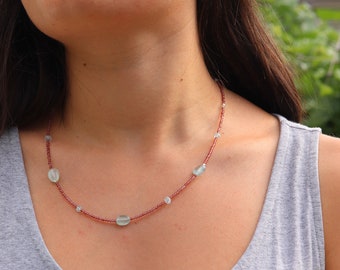 Aquamarine and Rhodolite necklace - stone necklace - colored necklace - women's necklace with semi-precious stones