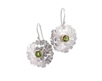 Cherry blossom earrings in silver and gold with Peridots - cherry blossom set - large hoop earrings for women