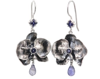 Orchid set in silver, Tanzanites and Iolites - necklace and earrings with blue orchids - floral jewelery set