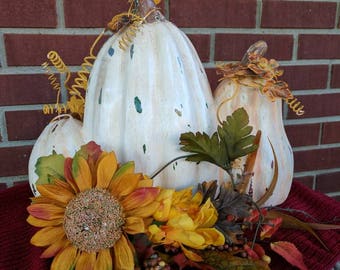 Three white pumpkins for Fall. Ceramic and metal. FREE SHIPPING! Item #101171