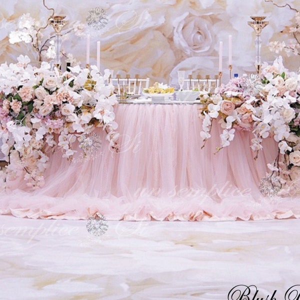 Tulle and Chiffon Table Skirting , POOLING Tulle and Chiffon Table Skirt , Puddle Length Extra Long,  Floating Tulle Table Skir