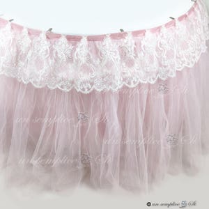 Tulle Table Skirt, Tulle Tutu Tablecloth, Tutu Table Skirt with Beaded Lace Swag Blush