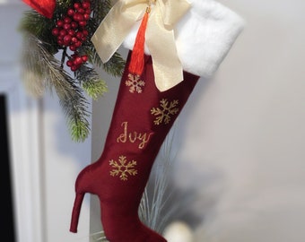 Stiletto Boot Stocking , Faux Fur  Stocking , Personalized  Christmas Stocking , Christmas Boot , Fur Stocking , Hand Made In Canada