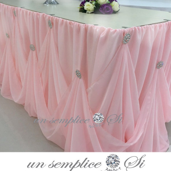 Cinderella Table Skirt , Chiffon Cinderella Table Skirt with Rhinestone Brooches, Chiffon Table Skirt with brooches