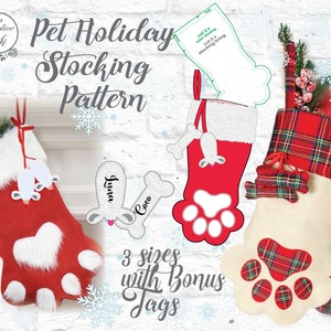 May include: A digital sewing pattern for a pet stocking with a paw print design. The pattern includes three sizes and bonus tags. The pattern is shown on a white brick background with snowflakes.