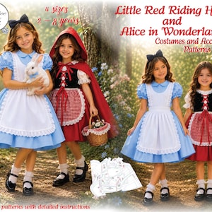 May include: Sewing patterns for Little Red Riding Hood and Alice in Wonderland costumes and accessories. Includes designs for a blue dress with a white apron and a red hooded cape with a black bodice and red and white chequered apron.