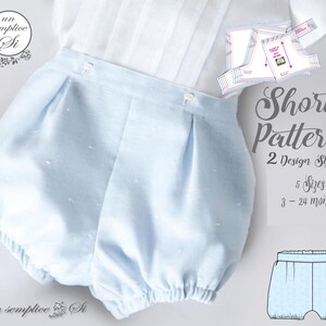 Può includere: Pantaloncini da bambino azzurri con un sottile motivo a pois, con pieghe in vita e dettagli con bottoni. L'immagine include anche un modello per i pantaloncini, con il testo "Shorts Pattern, 2 Design Styles, 5 Sizes, 3-24 months."