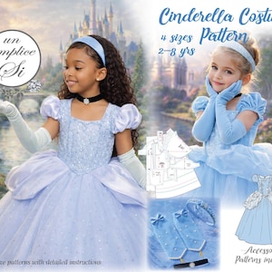 May include: A Cinderella costume pattern for sizes 2-8 years. The image shows two young girls wearing light blue Cinderella dresses with matching gloves and headbands. The pattern includes accessories and detailed instructions.