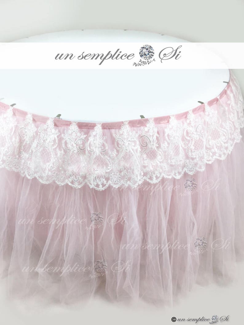 Tulle Table Skirt, Tulle Tutu Tablecloth, Tutu Table Skirt with Beaded Lace Swag Blush