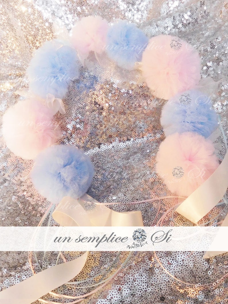 Hair Pom Poms Gender Reveal Wreath Headband Tulle Headband Pompons Pom Pom Wreath Pom Poms
