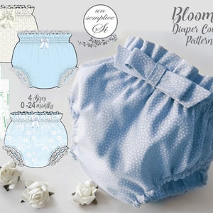May include: A blue and white patterned diaper cover sewing pattern with a bow. The pattern includes four sizes for babies 0-24 months. The text "Bloomer Diaper Cover Pattern" is at the top of the image.