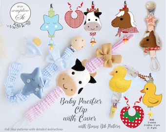 Patrón de costura en PDF para accesorios de bebé: sujetachupetes con 4 fundas y babero – Bautizo,