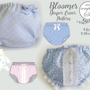 Puede incluir: Imagen de bloomers de bebé en azul claro con patrones de corazones blancos y un lazo a juego. La imagen también muestra un bloomer azul de lunares, un bloomer rosa con ribete de encaje y un patrón para los bloomers. El texto en la imagen dice "Bloomer Diaper Cover Pattern" y "4 tallas 0-24 meses."