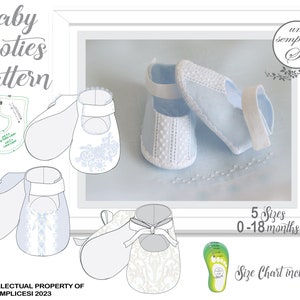 May include: A pattern for baby booties with a white lace design. The pattern includes five sizes for babies from 0 to 18 months. The pattern is called "Baby Booties Pattern" and is by "Unsemplice Si".