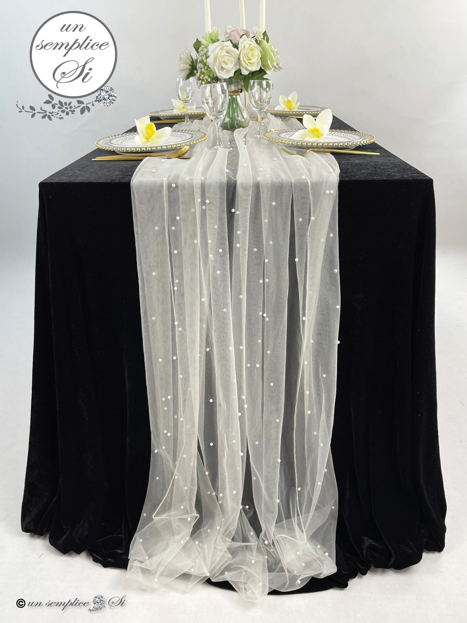 Preboun 6 Pcs Pearl Tablecloth Bulk 63 x 118 Inches Wedding Table Runner  Pearl Veil Lace Tulle Fabrics for Wedding Ceremony Party Reception Bridal