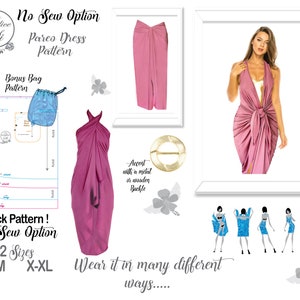 May include: A pink pareo dress pattern with instructions for a no-sew option. The pattern includes two sizes, S-M and X-L. The image also shows a bonus bag pattern and a woman wearing the dress in different styles.