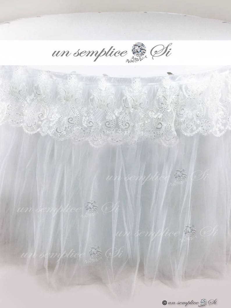 Tulle Table Skirt, Tulle Tutu Tablecloth, Tutu Table Skirt with Beaded Lace Swag White