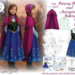 May include: A sewing pattern for a princess dress and accessories, including a magenta cape, a light blue long-sleeved shirt, a black bodice with floral embroidery, a blue skirt with floral hem details, and a bonnet. Includes instructions for 4 sizes.