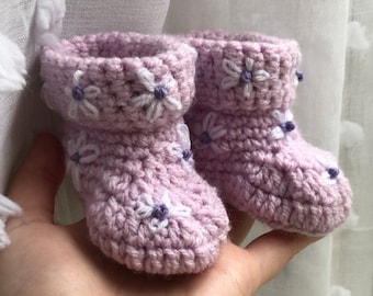 Newborn Baby Girls Embroidered Crochet Floral Booties