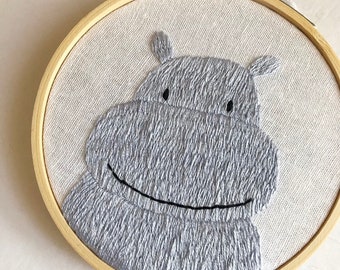 Hippo Hand Embroidery Hoop Art 4 Inches, Animal Nursery Decor