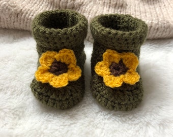 Crochet Khaki Sunflower Baby Boots