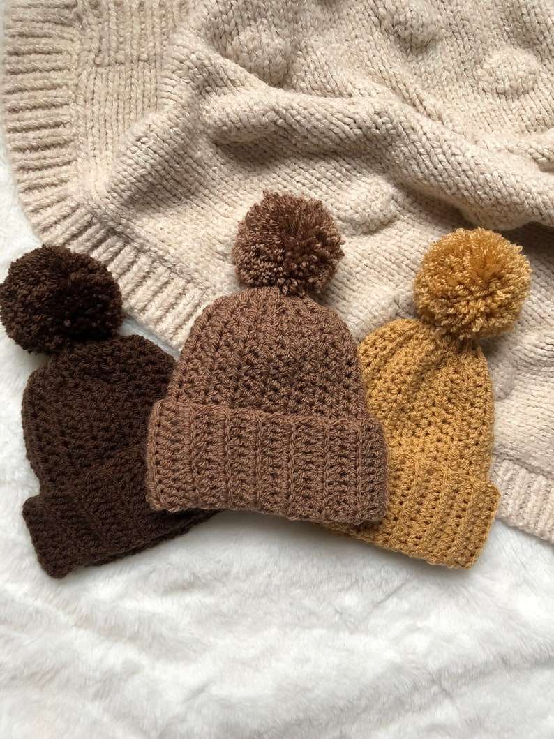 Crochet Neutral Brown Bobble Hat for Baby, Unisex Beanie image 2