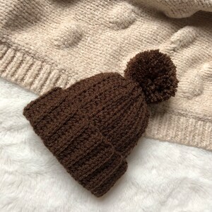 Crochet Neutral Brown Bobble Hat for Baby, Unisex Beanie Dark Brown