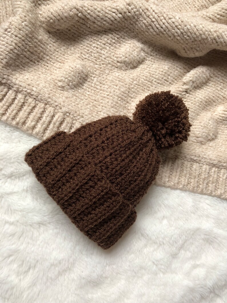 Crochet Neutral Brown Bobble Hat for Baby, Unisex Beanie Dark Brown