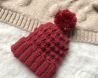 Crochet Ribbed Pink Bobble Hat for Newborn Baby, 0-3 Months