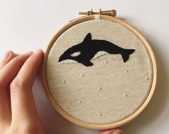 Killer Whale Embroidery Hoop Art, Ocean Hand Embroidery, Needlepoint, Made to Order